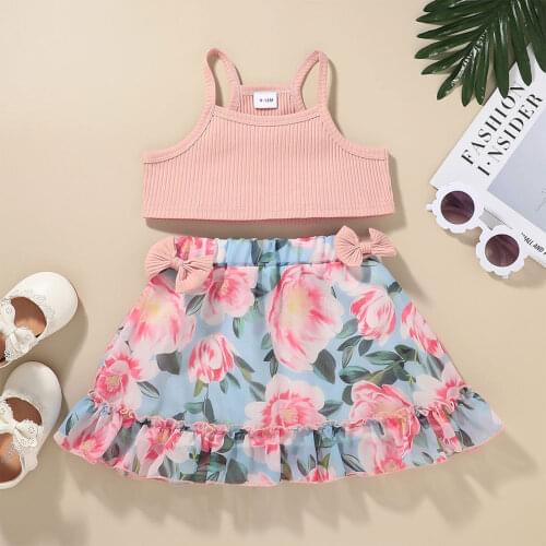 2Pcs Toddler Summer Outfit, Solid Color Sleeveless Vest + Floral Lined Short Skirt for Girls, 6 Months to 3 Years