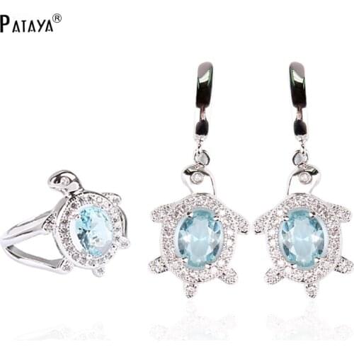 PATAYA Little Turtle Jewelry Sets True White Gold Blue Natural Cubic Zirconia Ring Earrings Set Fine Romanric Animal Jewelry Set