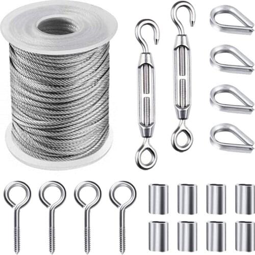 1 Set 15M 2mm Multifunctional Convenient Stainless Steel Wire Rope Cable Hooks Hanging Kit Tent Rope Clothesline