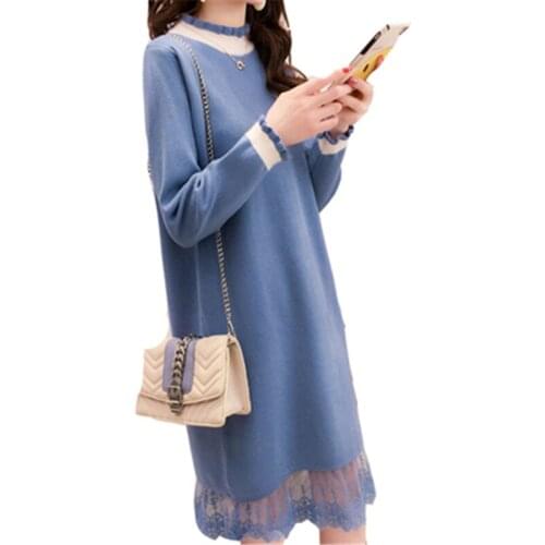 2021 New Autumn Winter Womens Knitted Dress Patch Work Trendy Ladies Loose Pullover Bottoming Lace Female Sweater Long Dress