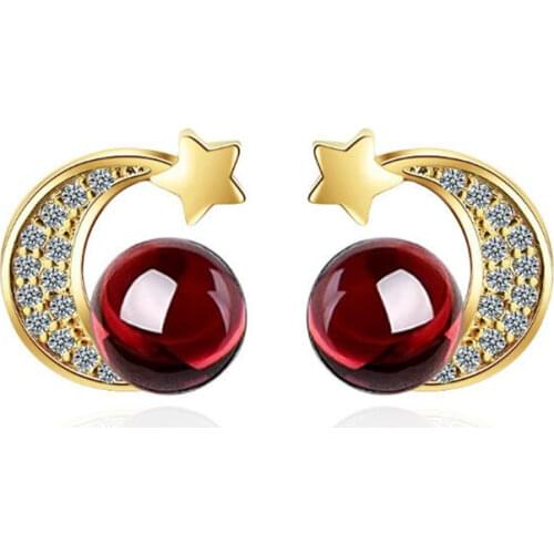 New Creative Garnet Star And Moon Female 925 Sterling Silver Jewelry Red Stone Simple Crystal Exquisite Stud Earrings SE900