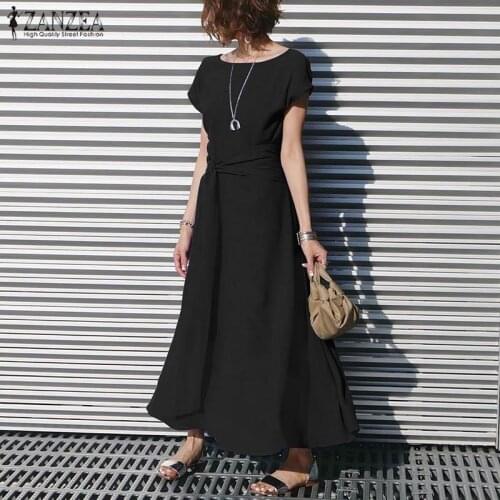 Stylish Solid Dress Belted Womens Summer Sundress ZANZEA 2021 Sleeveless Short Sleeve Vestidos Female O Neck Robe