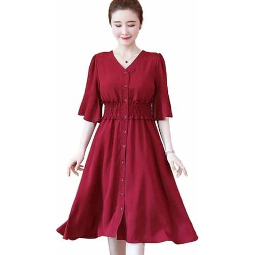2019 Summer women single-breasted dress Plus size L-5XL Short sleeve Elastic waist Elegant dresses Slim female black red G416