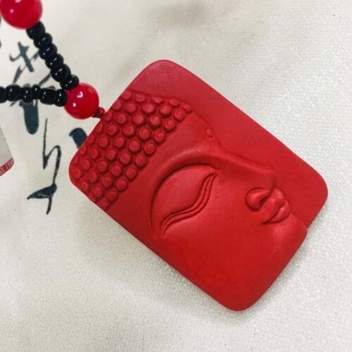 Zheru natural cinnabar carved red Buddha head amulet pendant with red bead necklace fine men and women sweater chain