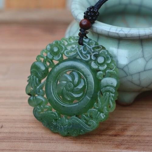 Certificate Drop Shipping Natural Green HETIAN Nephrite Jades Pendant Necklace Hollow-out Carved Flower Womens Jades Jewelry