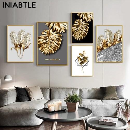Nordic Golden Abstract Leaf Flower Plant Poster Print Canvas Painting Black White Feathers Wall Art Picture For Living Room Deco