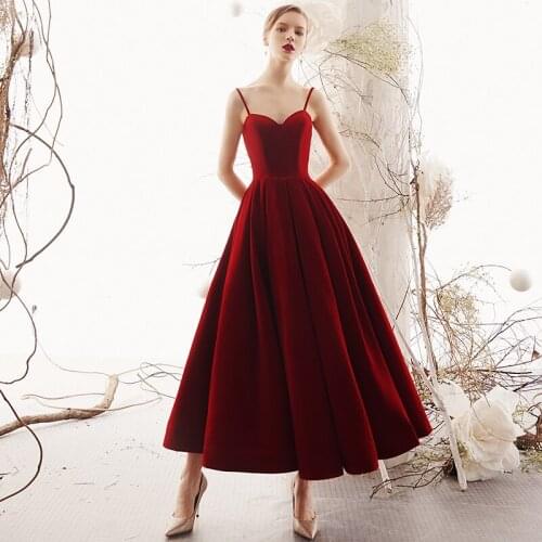 Wine Red Evening Dress 2019 New Fashion Sexy Prom Dresses Sexy Backlesss Spaghetti Strap Sweetheart Banquet Dresses Ankle Length