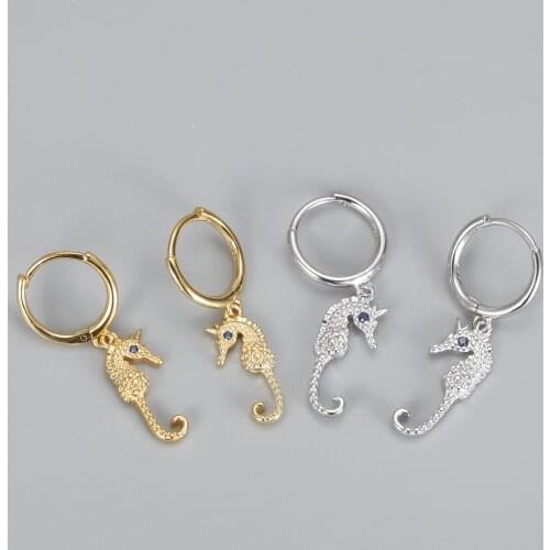 YIZIZAI Hot Selling S925 Animal Seahorse Drop Earrings Cubic Zircon Blue Crystal Unique Beautiful 18K Women Silver Jewelry
