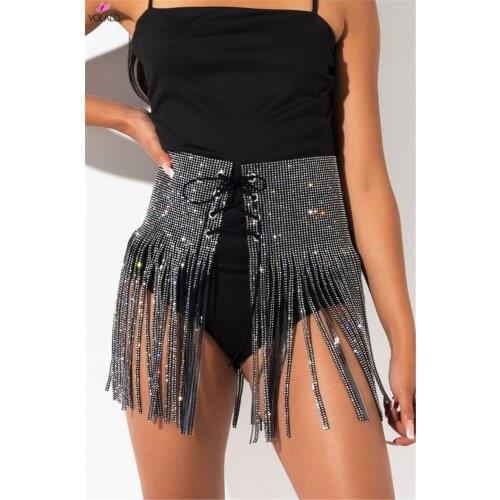 Sexy Women High Waist Cross Bandage Club Mini Skirt Fringed Tassel Sequins Rhinestone Party Beach Belly Dance Short Wrap Skirts