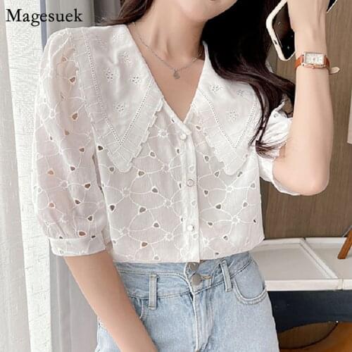 Korean Sweet Hollow Embroidery Chiffon Shirt Female Short Sleeve Turn-down Collar Women Blouses Summer Fashion Tops Blusas 14194