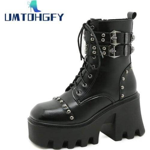 New Sexy Girls Chain Women Leather Autumn Boots Block Heel Gothic Black Punk Style Platform Shoes Female Footwear High Quality