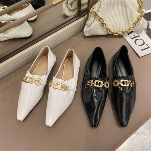 2021 Women Flats Brand Design Metal Buckle Shoes Pointed Toe Ballet Flats Runway Shoes Slip On Loafer Oxford Shoes