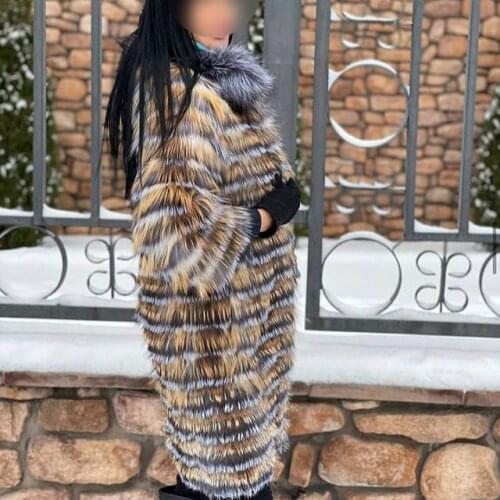 Lady striped real silver fox fur coat long cardigen with wool lining spring autumn luxury elegant plus size clothes outwear