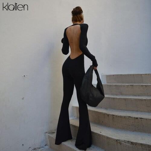 KLALIEN Fashion Sexy Hollow Out Backless Long Sleeve Flare Pants Jumpsuit For Women Autumn New Solid Black Skinny Romper Female