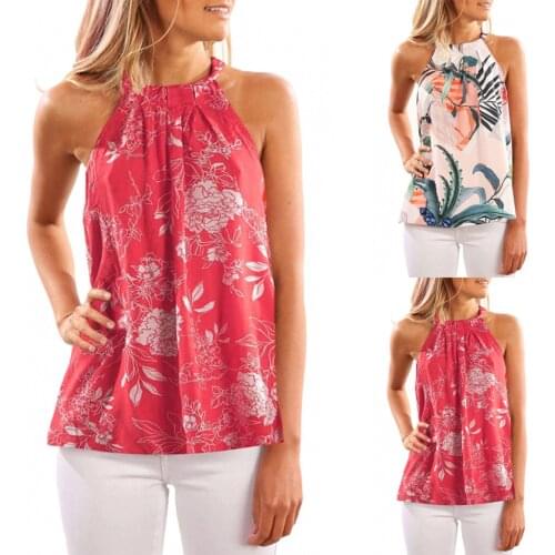 Women Sleeveless Halter Round Neck Vest Floral Print Printing Tank Blouse Top Daily Casual All-match Lovely Girls Vest