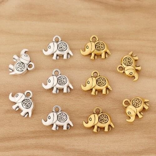 50 Pieces Tibetan Silver/Gold 3D Elephant Om Symbol Charms Pendants 2 Sided for Bracelet Necklace Jewellery Making 13x11mm