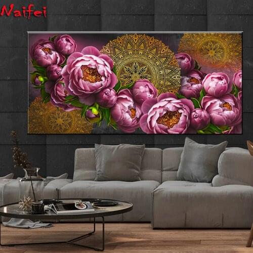 5D Diamond Painting Full Square Round Golden Mandala And Purple Rose Flower Drill 5d Diamond Embroidered Decorative Painting