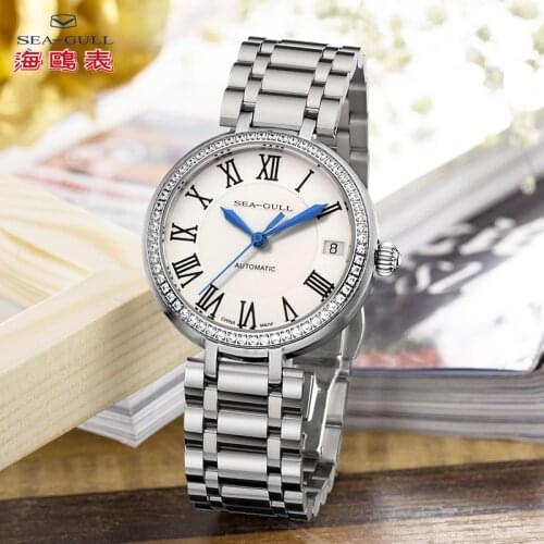 Seagull Women watches fashion diamond steel belt calendar automatic Female watch waterproof Steeldive watch 716.417L