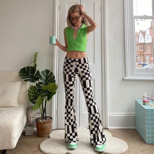 Black and White Plaid Flare Pants Panelled Casual High Waisted Pants 2021 Fashion Elegant Flat Streetwear Women Bottoms Pants