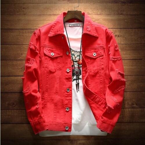 Men Holes Denim Jackets And Coats New Spring Autumn Fit Jeans Jackets Slim Denim Coats Red Solid Casual Jeans Jackets Size 3XL