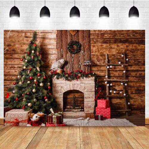Laeacco Christmas Backdrop Photographic Wooden House Tree Gift Fireplace Birthday Photography Photo Background For Photo Studio