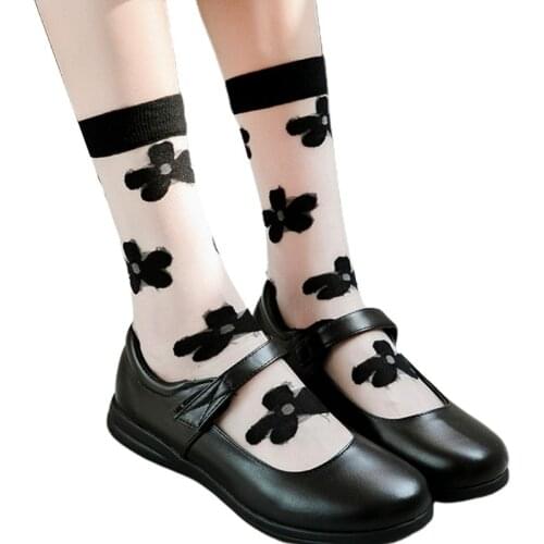 Korean Women Transparent Glass Fiber Crew Socks Sweet Macaron Candy Color Floral Jacquard Cotton Bottom Mid Tube Hosiery