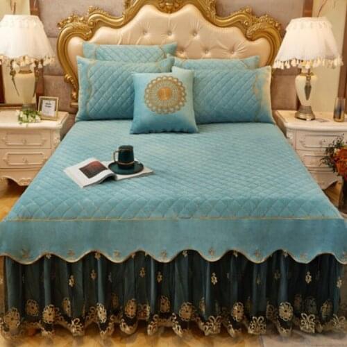 European style princess lace quilted bedskirt 3pcs crystal velvet thickened bed cover plush bedspreads lace edging bed sheet