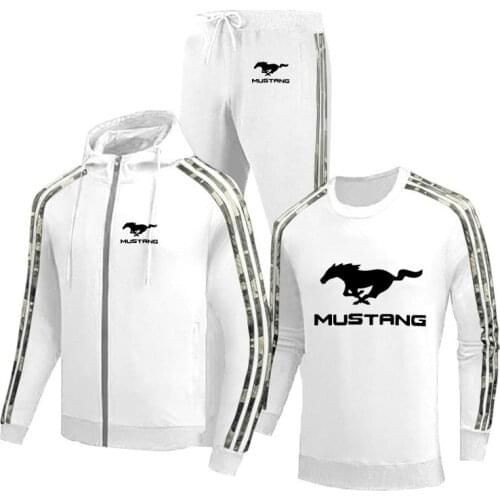 Spring Autumn Zip Jacket Mustang Car Logo printing Casual high quality cotton Mens jacket + sweater + pants three-piece suit