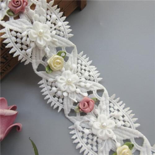 1yard White Cotton Rose Flower Pearl Embroidered Lace Trim Ribbon Fabric Sewing Craft For Costume Wedding Decoration 6.5cm