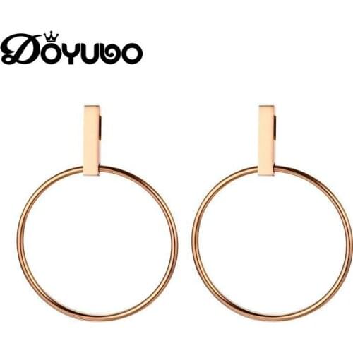 DOYUBO Fashional Womens Rose Gold Color Stainless Steel Round Dangle Earrings Lady Drop Earrings For Party Accessories DB182