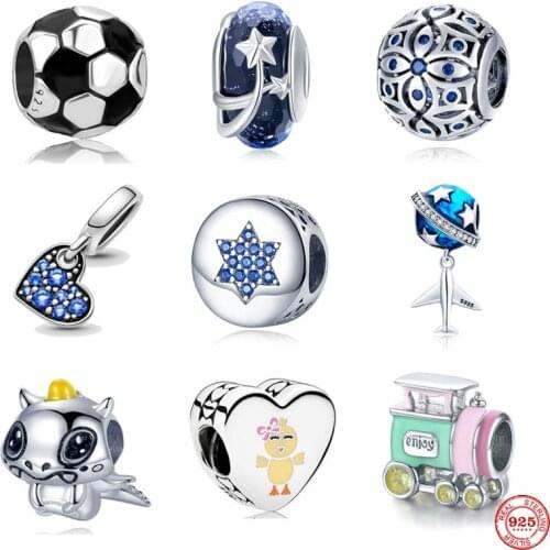 NEW European Football Star Airplane Train DIY Fine Beads Fit Original Pandora Charms Silver 925 Bracelet Jewelry For Women