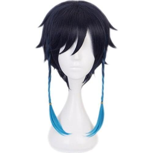 Game Genshin Impact Venti Cosplay Wigs Gradient Blue Short Cosplay Wig Braided Wigs