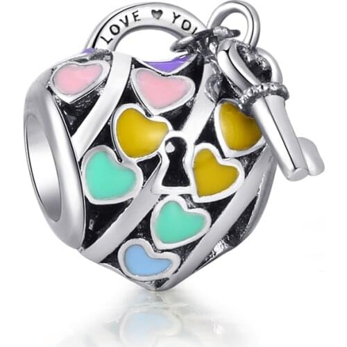 925 Silver Charm Pendant Bead FOR European Charms Bracelet Chain Bangle Necklace Jewelry Making I Love You Enamel Key Heart