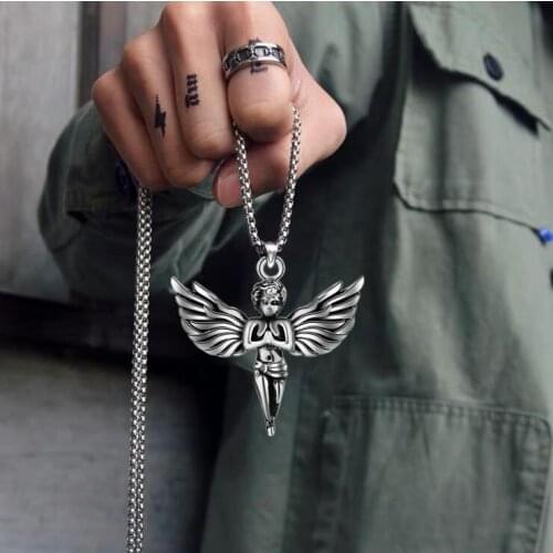 Vintage Punk Hip Hop Pendant Necklace for Men Women retro Gothic Angel neck chain Stainless Steel Fashion Streetwear Jewelry