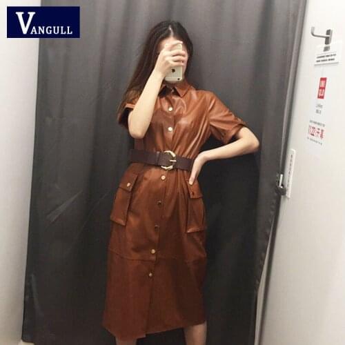 Vangull Women PU Straight Single Breasted Dresses Autumn Casual Fashion Office Lady Pockets Dress Short Sleeve Knee Length Dress