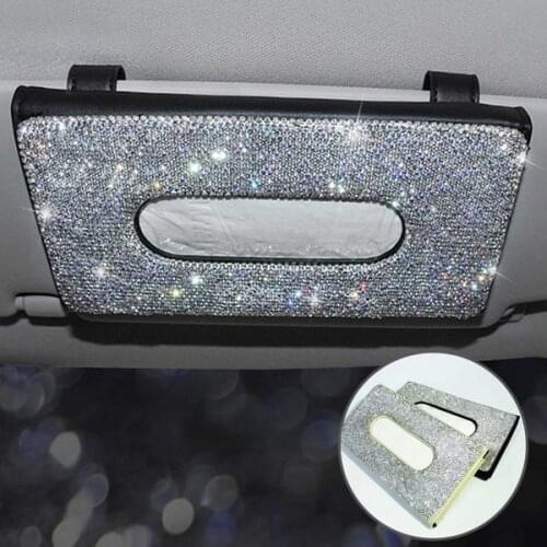 Luxury Crystal Car Tissue Box Sun Visor Diamond Leather Tissue Box Universal Car Hanging Napkin Holder Car Decoration