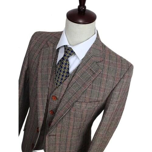 Wool Brown Classic Tweed custom made slim fit mens 3 piece suits gentleman style tailor wedding party dresses suits for men
