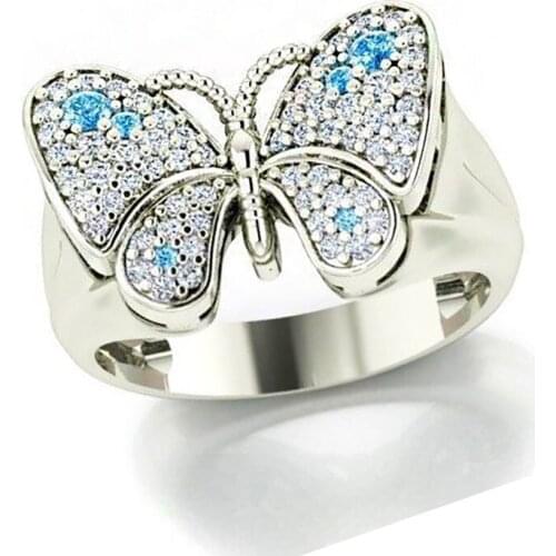 Unique Fashion Silver Color Lovely Butterfly Insect Crystal Zircon Ring for Women Rhinestone Female Metal Party Hand Jewelry