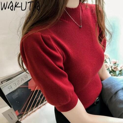 WAKUTA Spring Autumn Knitting Half Highneck T Shirt Women Elegant Slim Half Sleeve Base Sweater Tops Korean Simple Trendy 2021