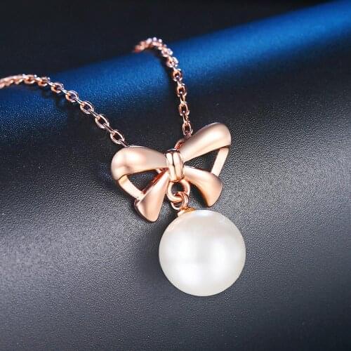 Top Quality Bowknot Imitation Pearl Rose Gold Color Pendant Necklace Jewelry Austrian Crystal ZYN204