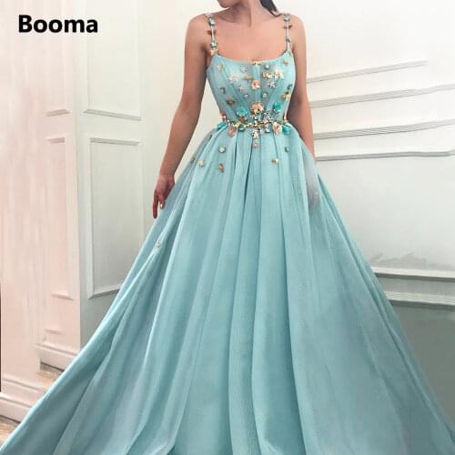 Booma Green Mesh Prom Dresses Spaghetti Straps Handmade Flowers Crystals A-Line Party Dresses Sleeveless Long Evening Dresses