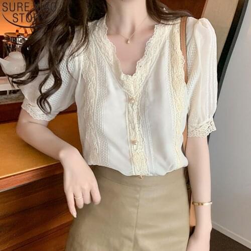 2021 Summer Lace Shirt Womens Short-sleeved Bubble Sleeve Tops Retro Blouse Fashion French V Collar Shirt Good Quality 14274