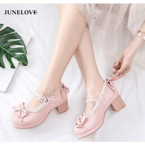 JuneLove Girls Sweet Lolita Ruffles Bowknot Lace Bridal Wedding Shoes Women High Heel Bordered Princess Dress Men Pink Plus Size