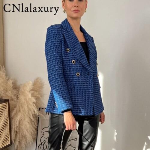 CNlalaxury Women Fashion Office Wear Double Breasted Blue Tweed Blazer Coat Vintage Long Sleeve Female Jacket Outwear Chic Tops