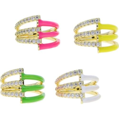 2021 Spring New Design Colorful Women Finger Jewelry Gold Color Half CZ Half Enamel Geometric Bar Multi layer Ring