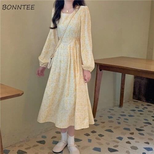 Dress Women Square Collar Puff Sleeve High Waist Loose Feminino Vestidos Elegant Korean Style Temperament Casual Tender Fashion