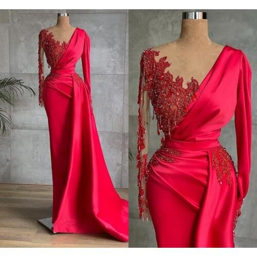 Fuchsia Robe De Soiree Sheath V-neck Long Sleeves Satin Beaded tassel Long Prom Dresses Prom Gown Evening Dresses robes