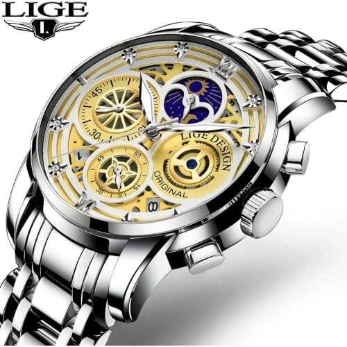 2021 Mens Watches LIGE Top Brand Luxury Casual Sport Watch For Men Stainless Steel Wrist Watch Man Fashion Moon Phase Clock+Box