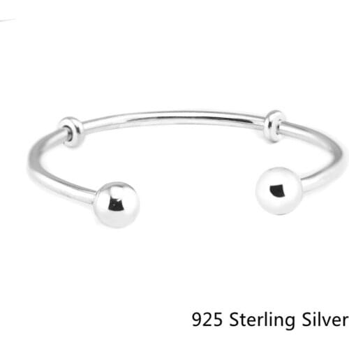 Authentic 925 Sterling Silver Jewelry Open Bangle with Beaded Fits For DIY Women Classic Bangle Jewelry