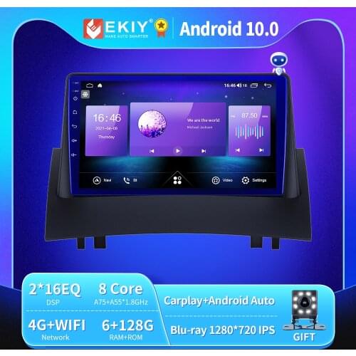 EKIY 6+128G 8 CORE Autoradio Android 10 For Renault Megane 2 2002-2009 Car Radio Multimedia Blu-ray IPS QlED Navi GPS BT no 2din